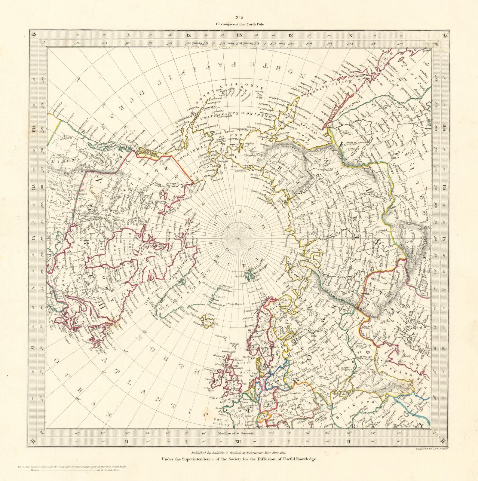 NORTH POLE ARCTIC to 45˚ N Latitude.Alaska as Russian Territory.SDUK 1844 map